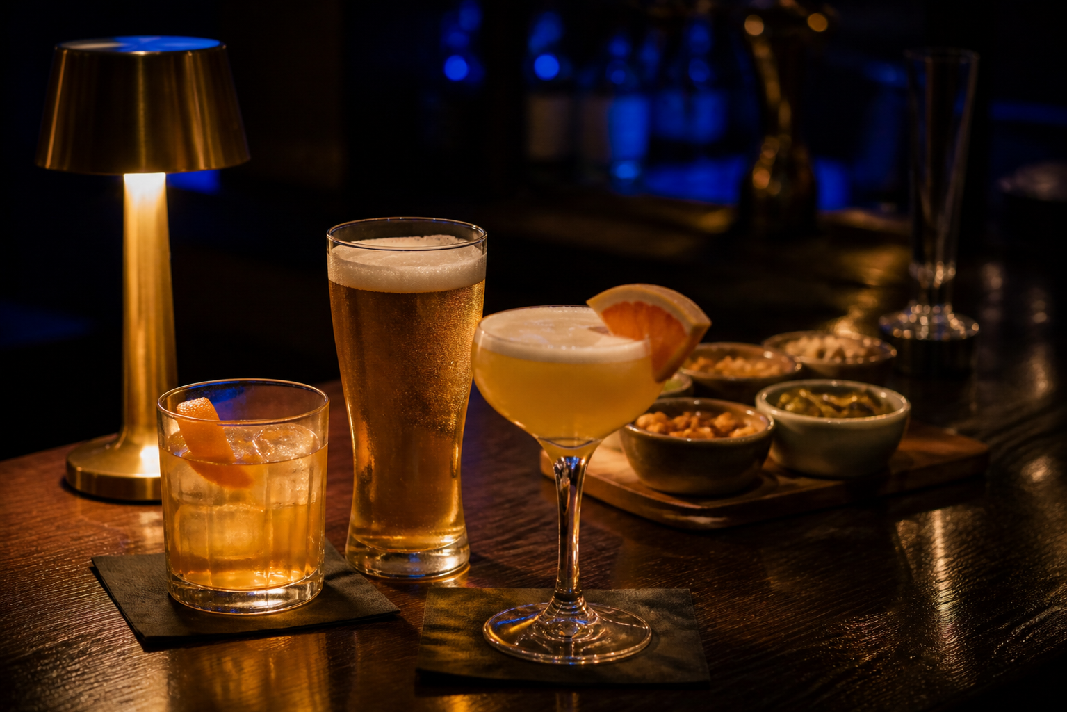 Cocktails and beer on a warmly lit lounge bar