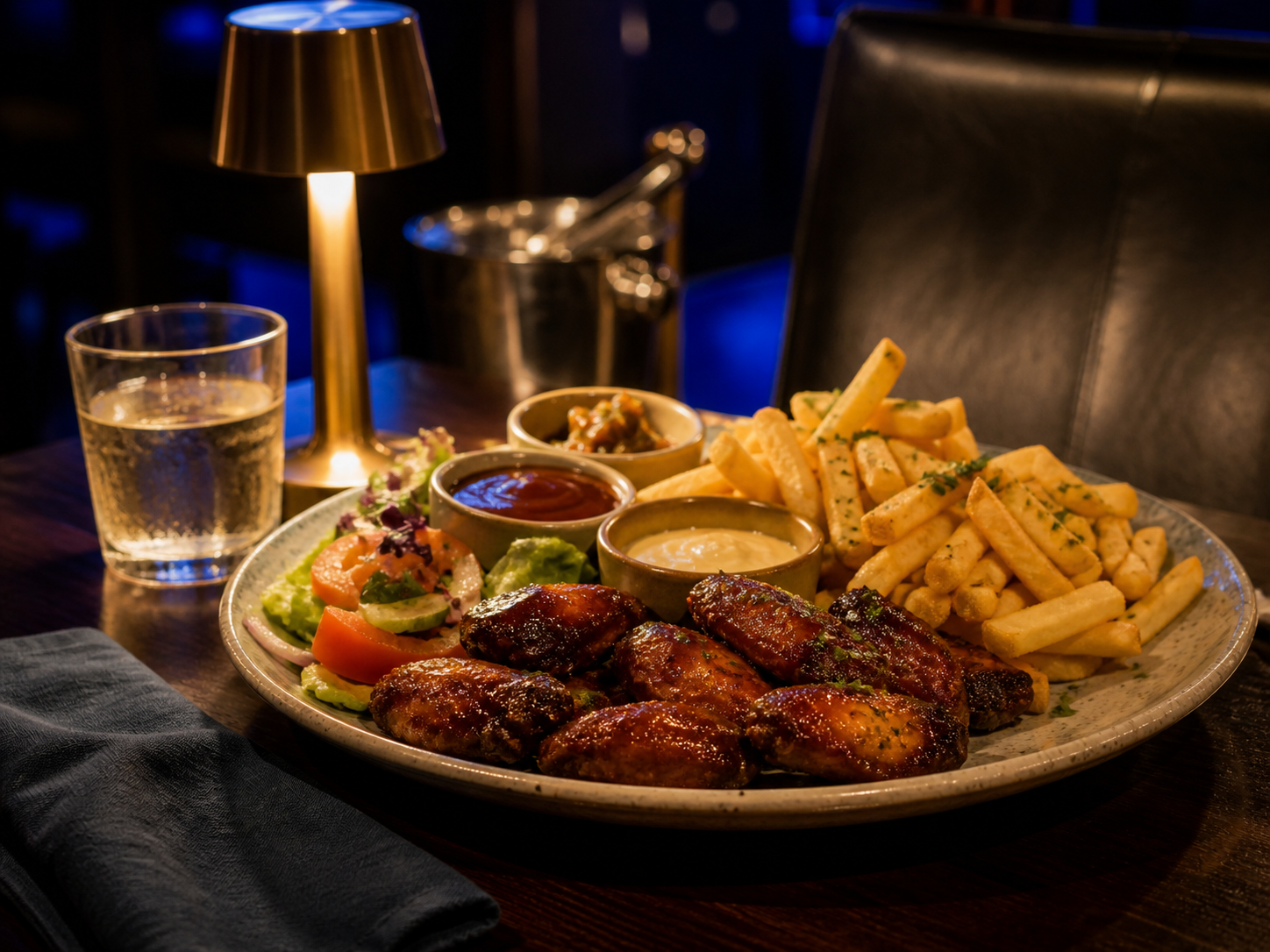 Shared plate of saucy wings, fries and fresh salad on a restaurant table